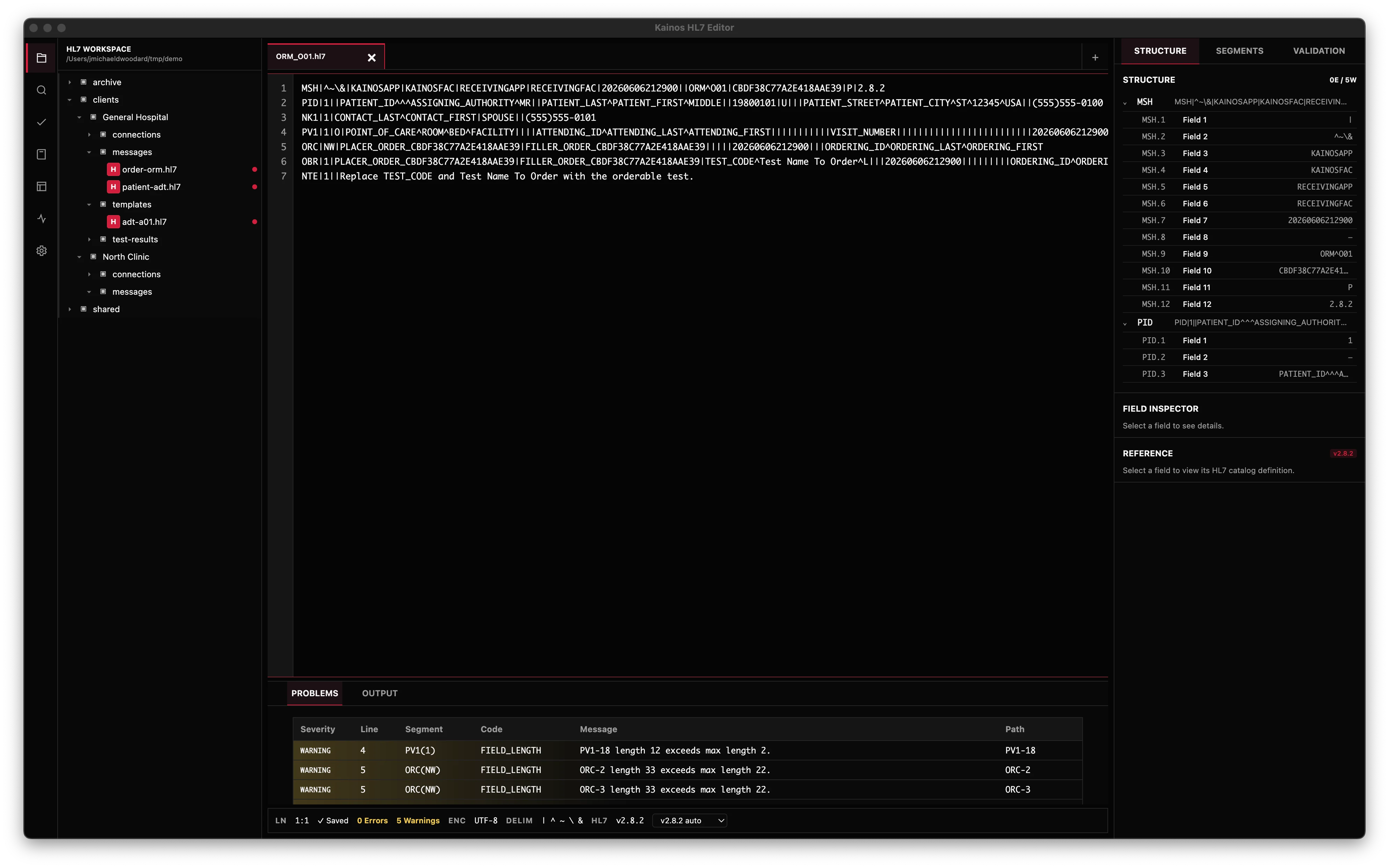 Kainos HL7 Editor main window: file tree, message tabs, raw message editor, and the structure and validation panel.