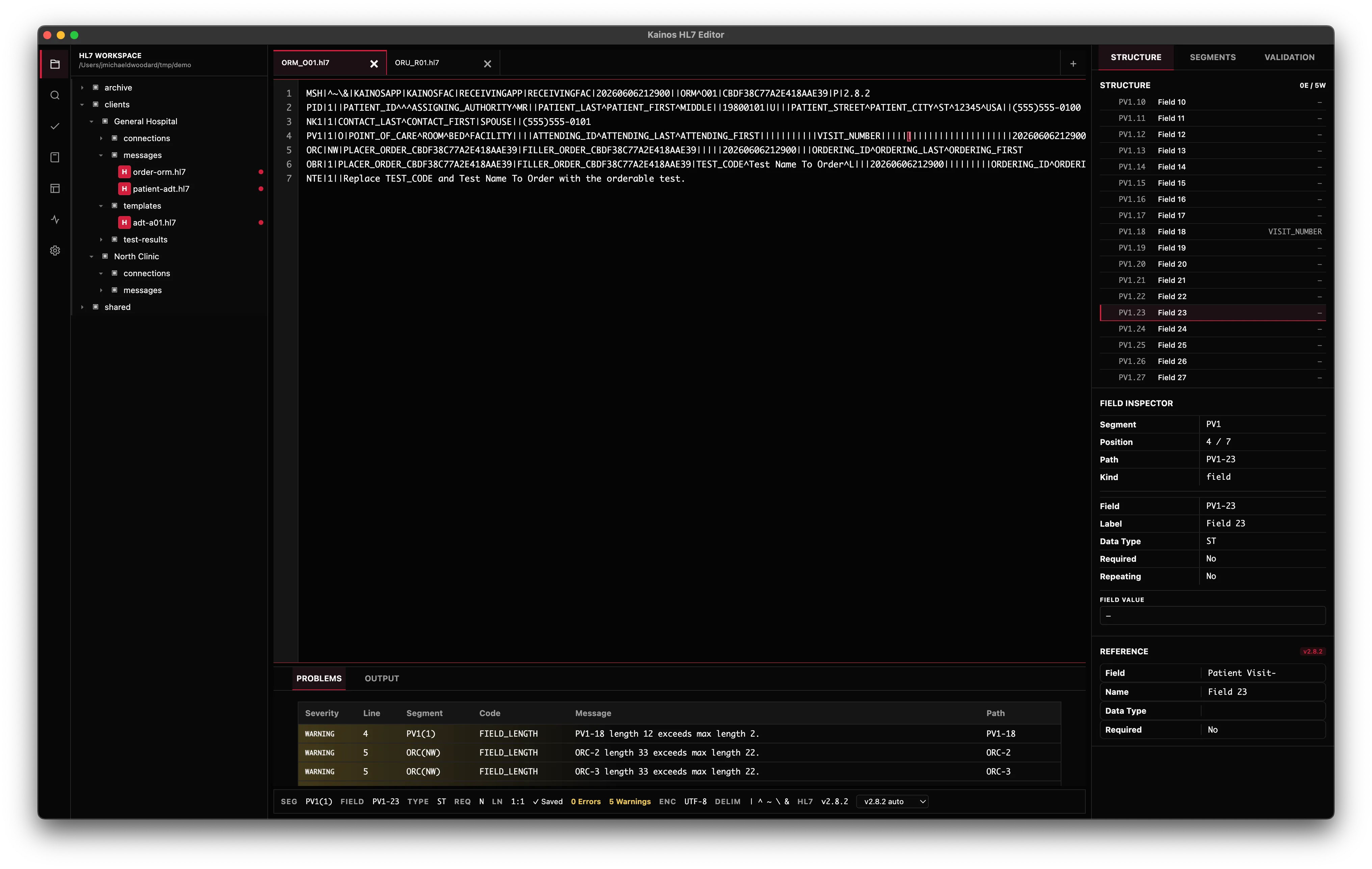 Raw HL7 editor with line numbers, a highlighted MSH segment, and a problems panel listing extra-component warnings.