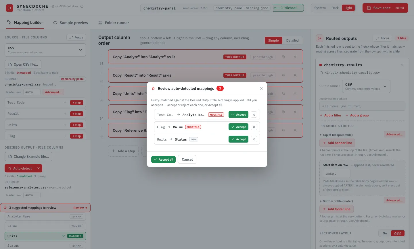 The auto-detect mapping-suggestions modal with confidence badges on matched columns.