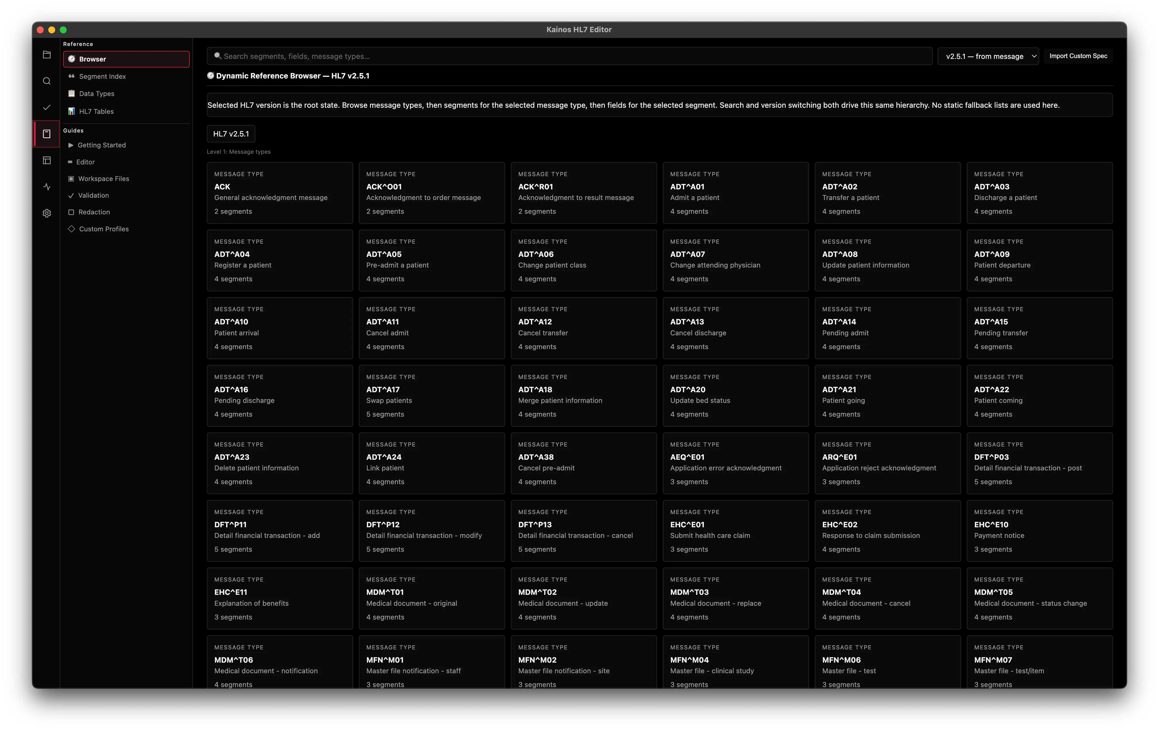 HL7 v2 reference catalog with a version selector, segment index, and message types.